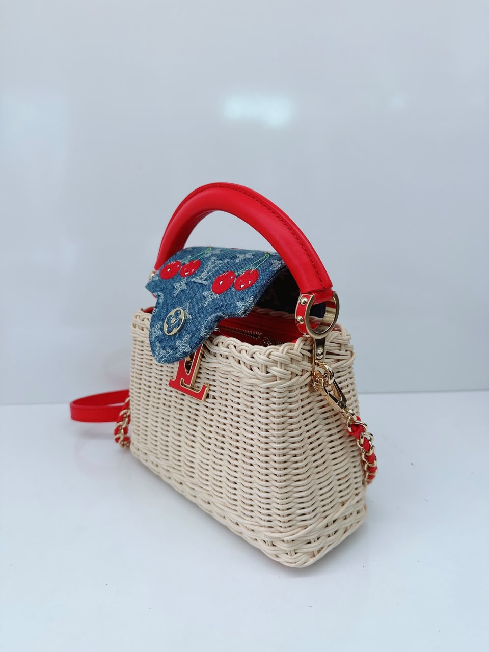LOUIS VUITTON X TAKASHI MURAKAMI CAPUCINES  MINI RED AND BLUE MONOGRAM CHERRY DENIM AND RATTAN WICKER GOLD HARDWARE