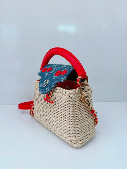 LOUIS VUITTON X TAKASHI MURAKAMI CAPUCINES  MINI RED AND BLUE MONOGRAM CHERRY DENIM AND RATTAN WICKER GOLD HARDWARE