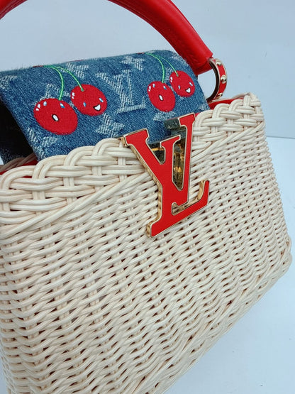 LOUIS VUITTON X TAKASHI MURAKAMI CAPUCINES  MINI RED AND BLUE MONOGRAM CHERRY DENIM AND RATTAN WICKER GOLD HARDWARE