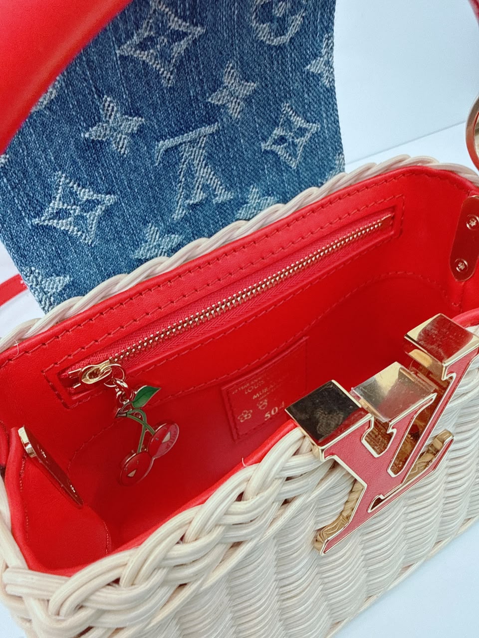 LOUIS VUITTON X TAKASHI MURAKAMI CAPUCINES  MINI RED AND BLUE MONOGRAM CHERRY DENIM AND RATTAN WICKER GOLD HARDWARE