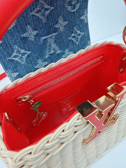 LOUIS VUITTON X TAKASHI MURAKAMI CAPUCINES  MINI RED AND BLUE MONOGRAM CHERRY DENIM AND RATTAN WICKER GOLD HARDWARE