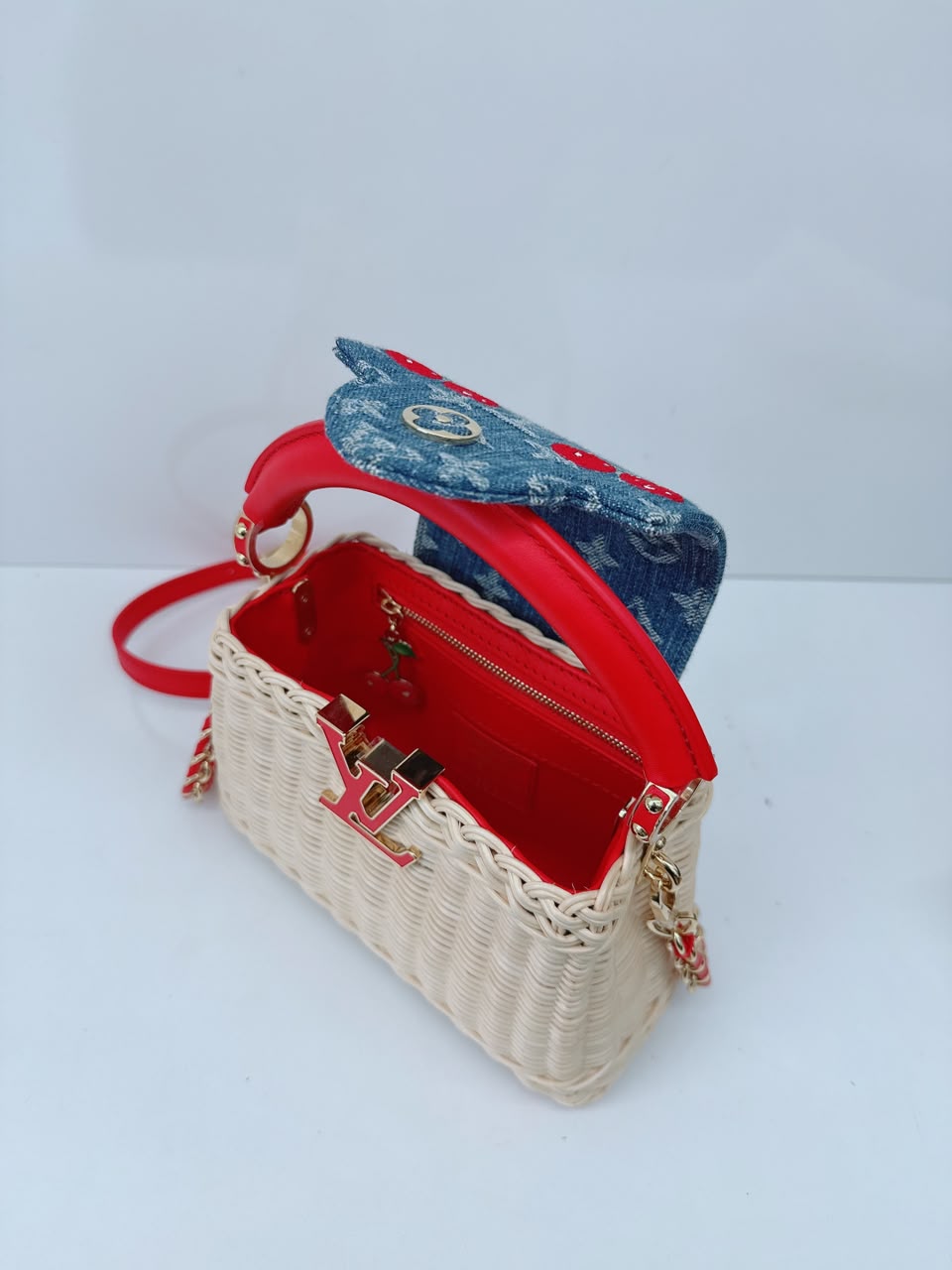 LOUIS VUITTON X TAKASHI MURAKAMI CAPUCINES  MINI RED AND BLUE MONOGRAM CHERRY DENIM AND RATTAN WICKER GOLD HARDWARE
