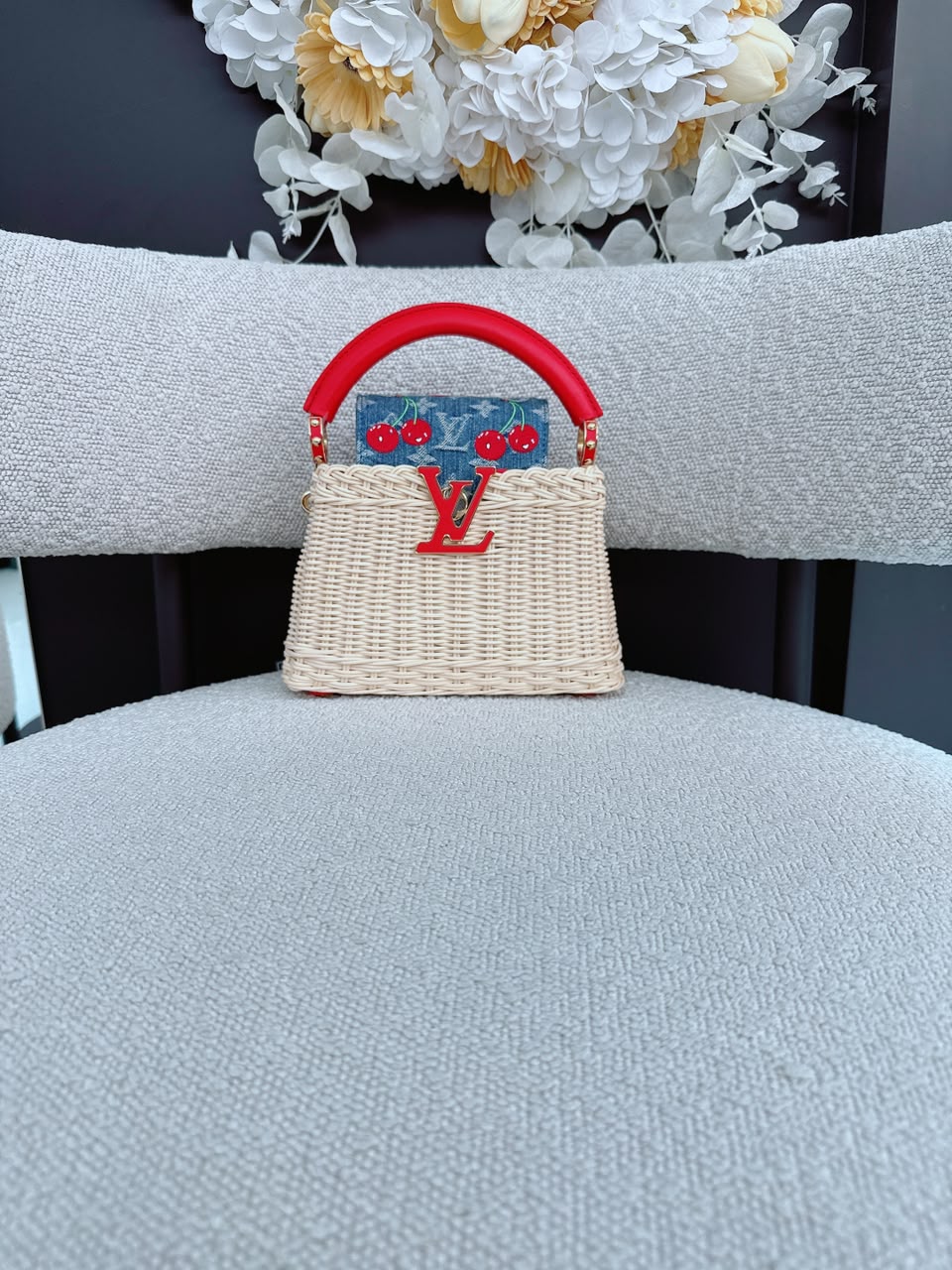 LOUIS VUITTON X TAKASHI MURAKAMI CAPUCINES  MINI RED AND BLUE MONOGRAM CHERRY DENIM AND RATTAN WICKER GOLD HARDWARE