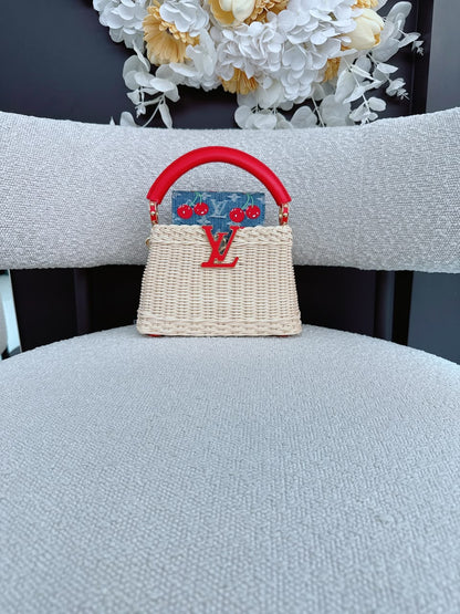 LOUIS VUITTON X TAKASHI MURAKAMI CAPUCINES  MINI RED AND BLUE MONOGRAM CHERRY DENIM AND RATTAN WICKER GOLD HARDWARE