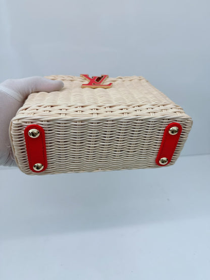 LOUIS VUITTON X TAKASHI MURAKAMI CAPUCINES  MINI RED AND BLUE MONOGRAM CHERRY DENIM AND RATTAN WICKER GOLD HARDWARE