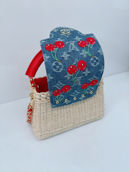 LOUIS VUITTON X TAKASHI MURAKAMI CAPUCINES  MINI RED AND BLUE MONOGRAM CHERRY DENIM AND RATTAN WICKER GOLD HARDWARE