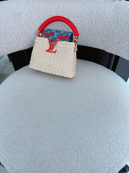 LOUIS VUITTON X TAKASHI MURAKAMI CAPUCINES  MINI RED AND BLUE MONOGRAM CHERRY DENIM AND RATTAN WICKER GOLD HARDWARE
