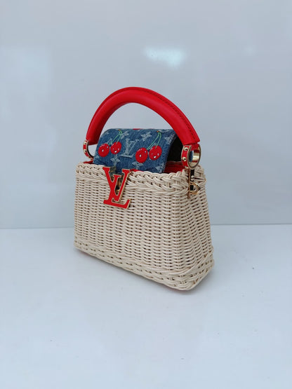 LOUIS VUITTON X TAKASHI MURAKAMI CAPUCINES  MINI RED AND BLUE MONOGRAM CHERRY DENIM AND RATTAN WICKER GOLD HARDWARE