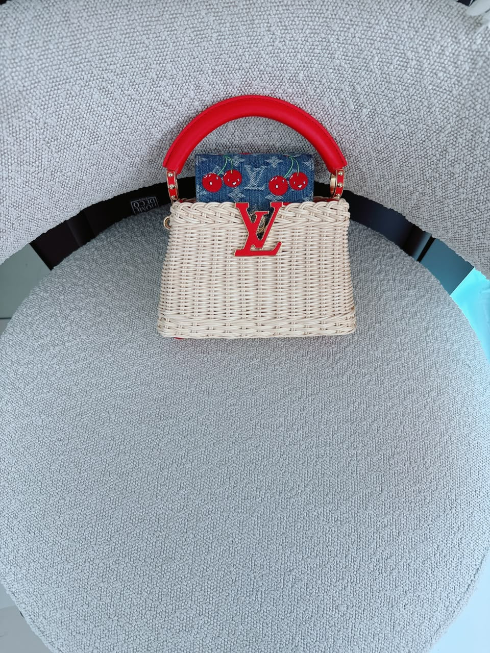 LOUIS VUITTON X TAKASHI MURAKAMI CAPUCINES  MINI RED AND BLUE MONOGRAM CHERRY DENIM AND RATTAN WICKER GOLD HARDWARE