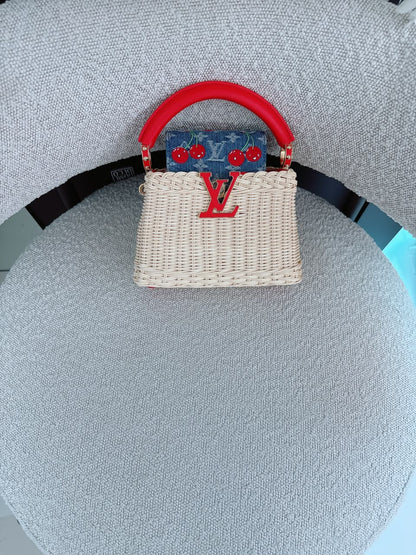 LOUIS VUITTON X TAKASHI MURAKAMI CAPUCINES  MINI RED AND BLUE MONOGRAM CHERRY DENIM AND RATTAN WICKER GOLD HARDWARE