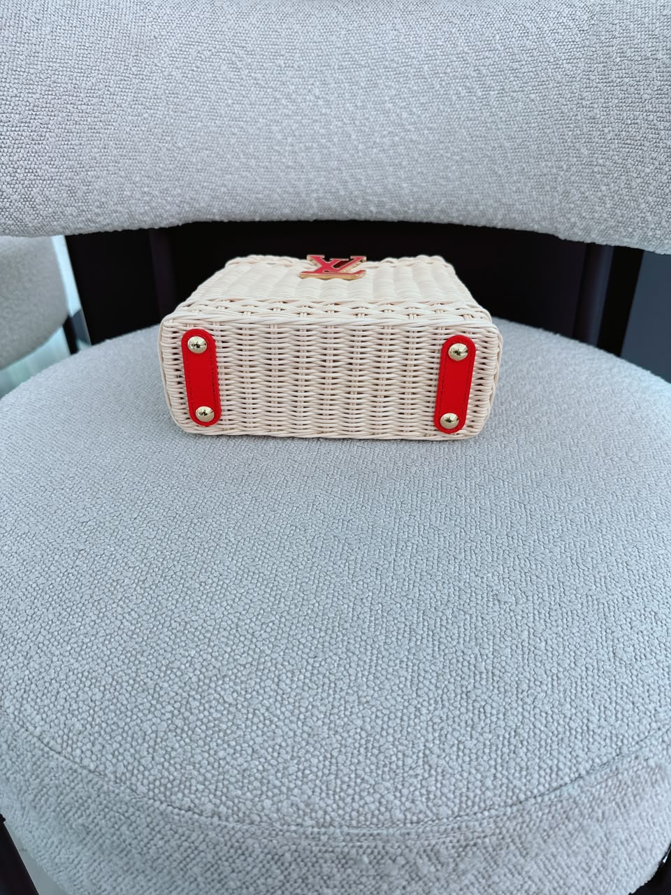 LOUIS VUITTON X TAKASHI MURAKAMI CAPUCINES  MINI RED AND BLUE MONOGRAM CHERRY DENIM AND RATTAN WICKER GOLD HARDWARE