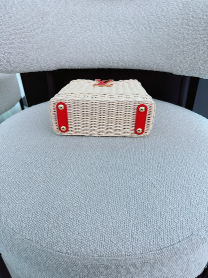 LOUIS VUITTON X TAKASHI MURAKAMI CAPUCINES  MINI RED AND BLUE MONOGRAM CHERRY DENIM AND RATTAN WICKER GOLD HARDWARE