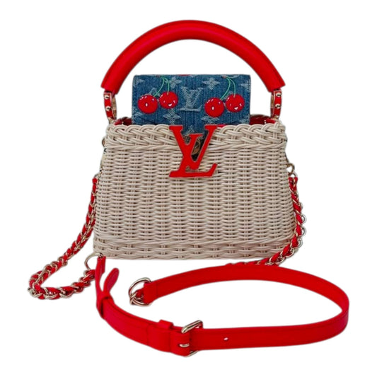 LOUIS VUITTON X TAKASHI MURAKAMI CAPUCINES  MINI RED AND BLUE MONOGRAM CHERRY DENIM AND RATTAN WICKER GOLD HARDWARE
