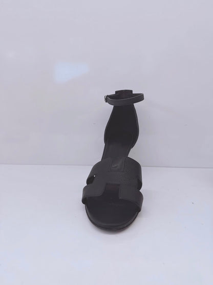 BLACK LEATHER LEGEND ANKLE STRAP SANDALS 38.5