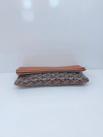BROWN GOYARDINE COATED CANVAS SOFT LEATHER SAINTE MARIE MM CLUTCH