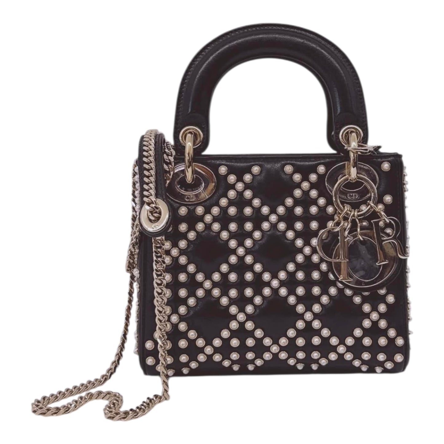 BLACK CRINKLE EFFECT LAMBSKIN PEARL CANNAGE MINI LADY DIOR