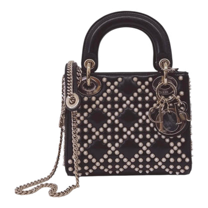 BLACK CRINKLE EFFECT LAMBSKIN PEARL CANNAGE MINI LADY DIOR