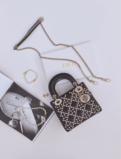 BLACK CRINKLE EFFECT LAMBSKIN PEARL CANNAGE MINI LADY DIOR