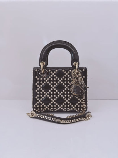 BLACK CRINKLE EFFECT LAMBSKIN PEARL CANNAGE MINI LADY DIOR