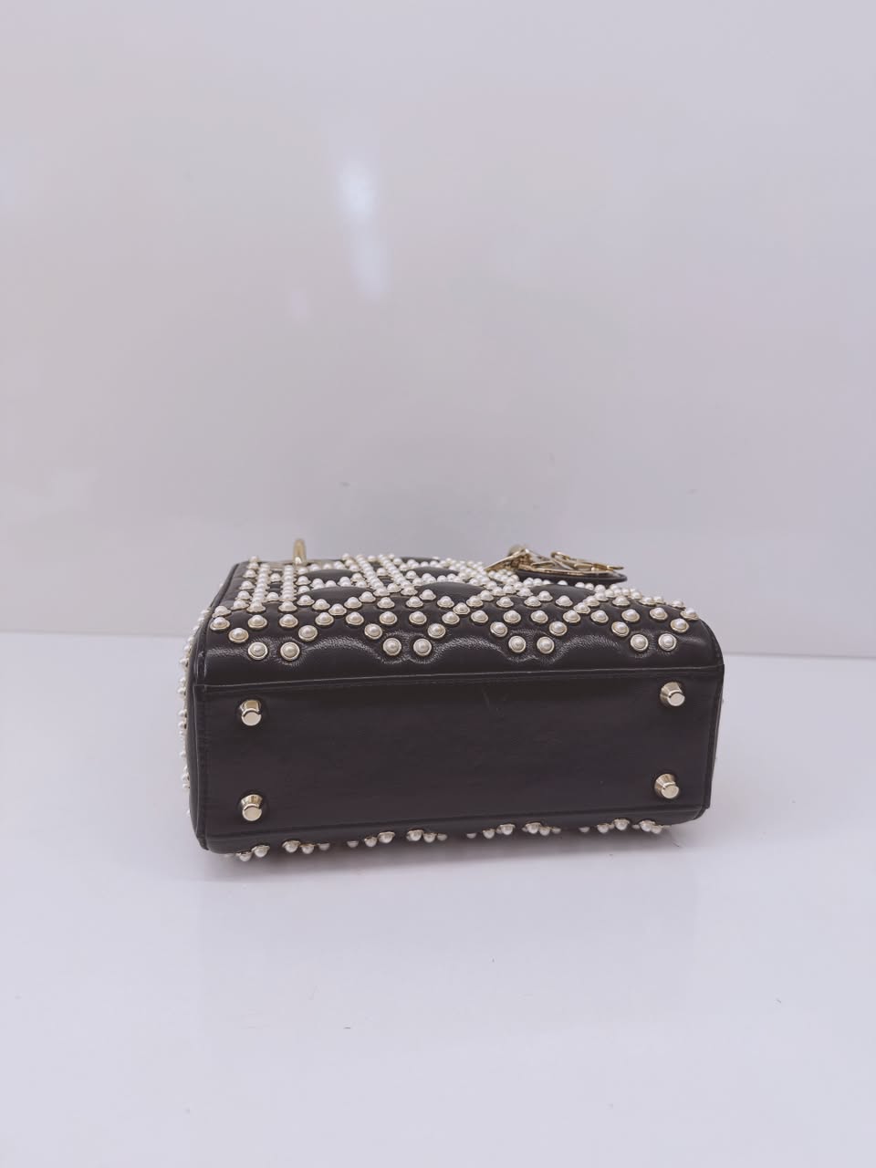 BLACK CRINKLE EFFECT LAMBSKIN PEARL CANNAGE MINI LADY DIOR