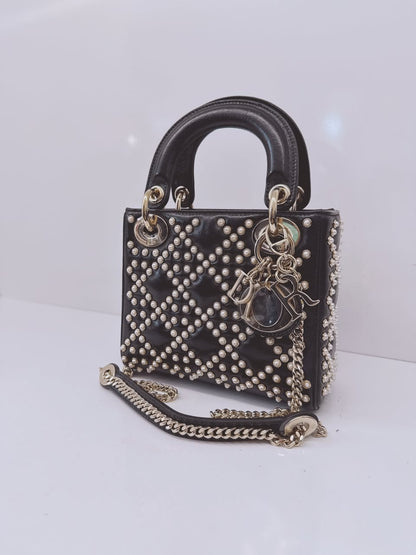 BLACK CRINKLE EFFECT LAMBSKIN PEARL CANNAGE MINI LADY DIOR