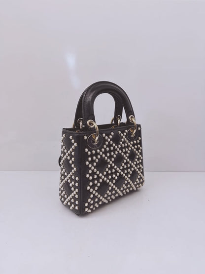 BLACK CRINKLE EFFECT LAMBSKIN PEARL CANNAGE MINI LADY DIOR