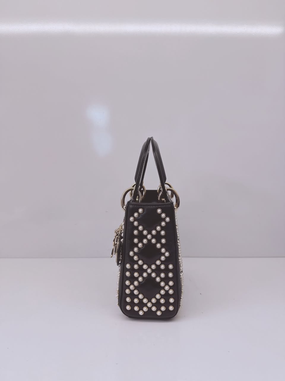 BLACK CRINKLE EFFECT LAMBSKIN PEARL CANNAGE MINI LADY DIOR