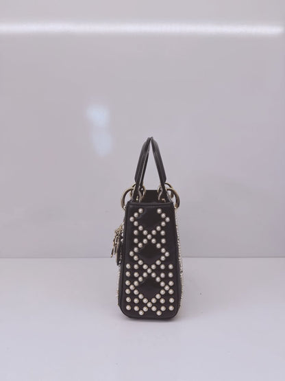 BLACK CRINKLE EFFECT LAMBSKIN PEARL CANNAGE MINI LADY DIOR