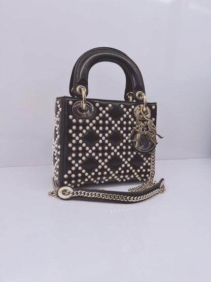 BLACK CRINKLE EFFECT LAMBSKIN PEARL CANNAGE MINI LADY DIOR