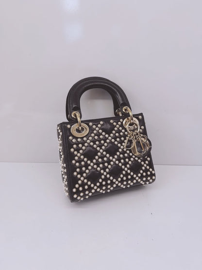 BLACK CRINKLE EFFECT LAMBSKIN PEARL CANNAGE MINI LADY DIOR
