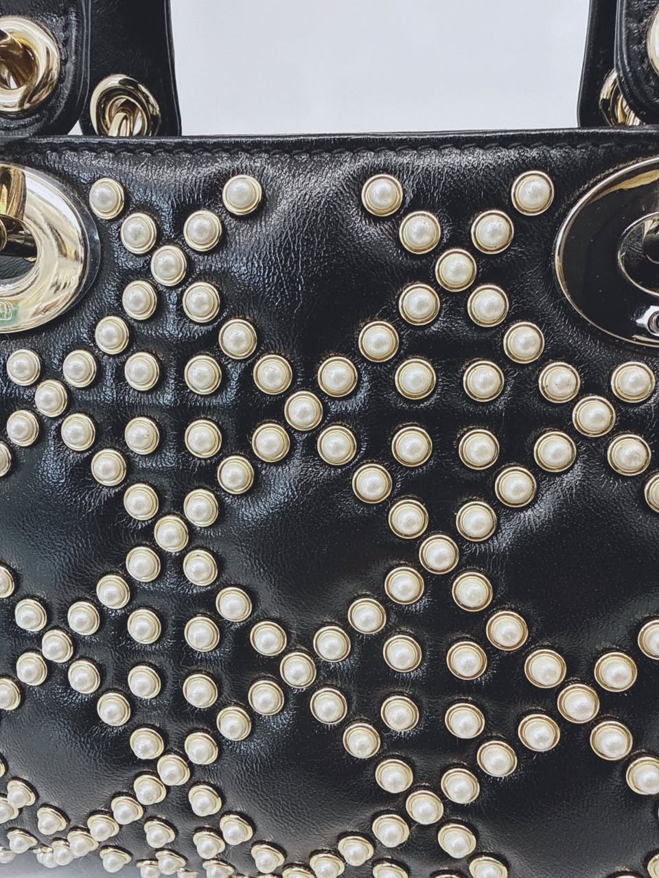 BLACK CRINKLE EFFECT LAMBSKIN PEARL CANNAGE MINI LADY DIOR