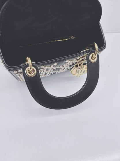 BLACK CRINKLE EFFECT LAMBSKIN PEARL CANNAGE MINI LADY DIOR