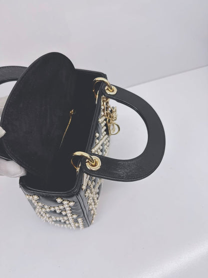 BLACK CRINKLE EFFECT LAMBSKIN PEARL CANNAGE MINI LADY DIOR