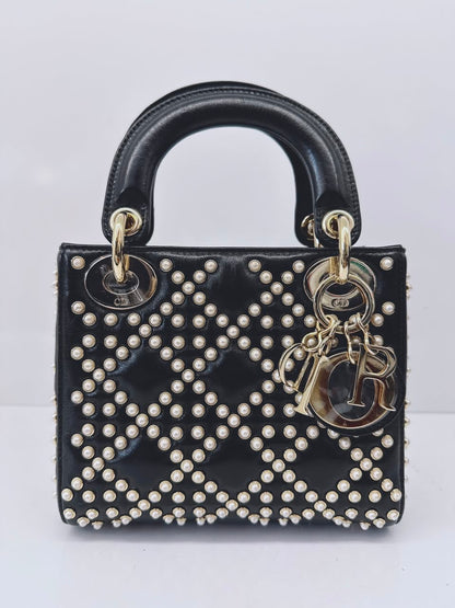 BLACK CRINKLE EFFECT LAMBSKIN PEARL CANNAGE MINI LADY DIOR