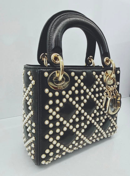 BLACK CRINKLE EFFECT LAMBSKIN PEARL CANNAGE MINI LADY DIOR