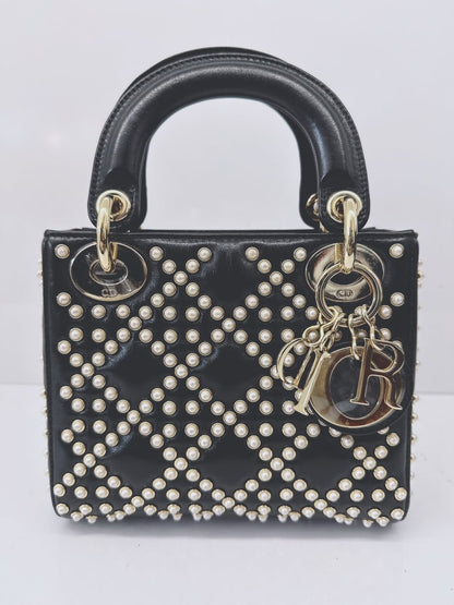 BLACK CRINKLE EFFECT LAMBSKIN PEARL CANNAGE MINI LADY DIOR