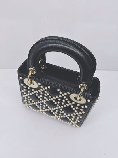 BLACK CRINKLE EFFECT LAMBSKIN PEARL CANNAGE MINI LADY DIOR