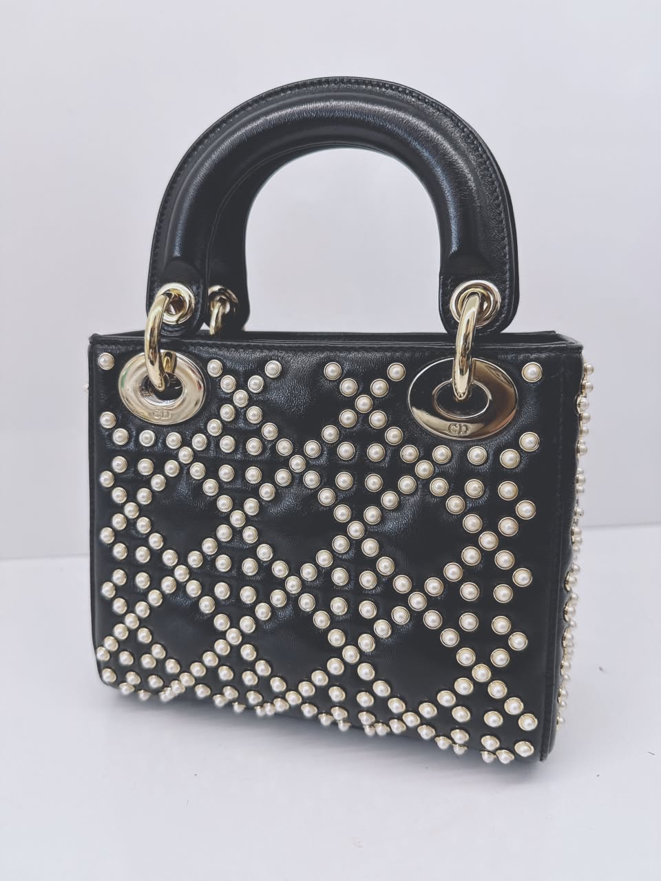 BLACK CRINKLE EFFECT LAMBSKIN PEARL CANNAGE MINI LADY DIOR