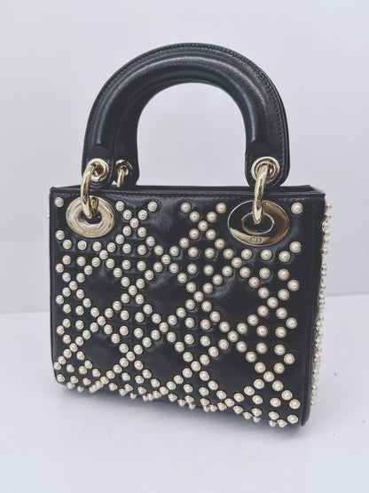 BLACK CRINKLE EFFECT LAMBSKIN PEARL CANNAGE MINI LADY DIOR