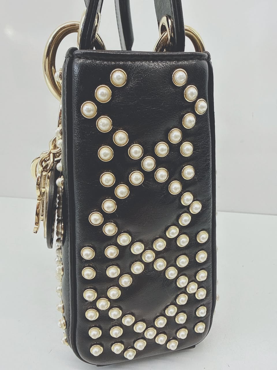 BLACK CRINKLE EFFECT LAMBSKIN PEARL CANNAGE MINI LADY DIOR