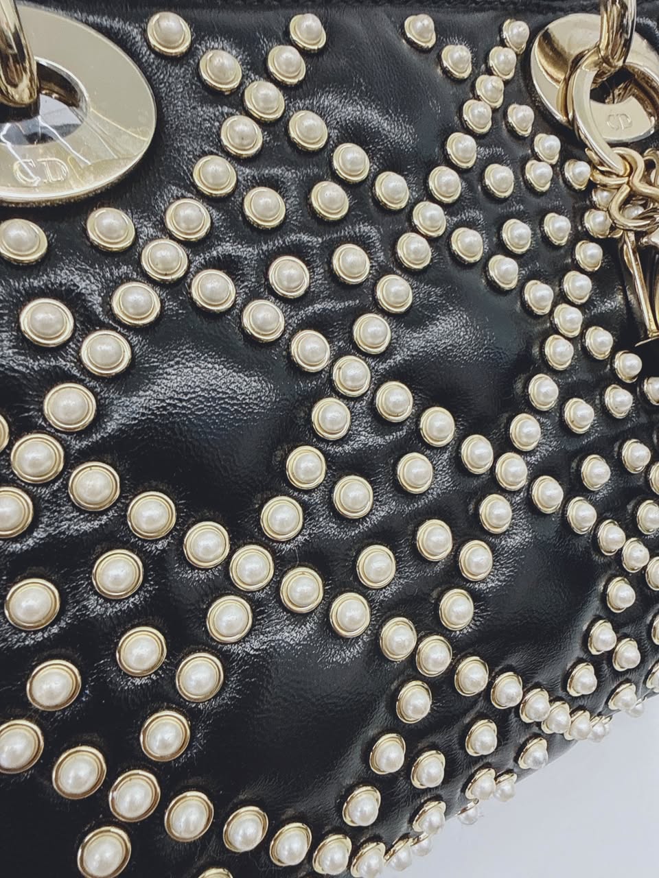 BLACK CRINKLE EFFECT LAMBSKIN PEARL CANNAGE MINI LADY DIOR