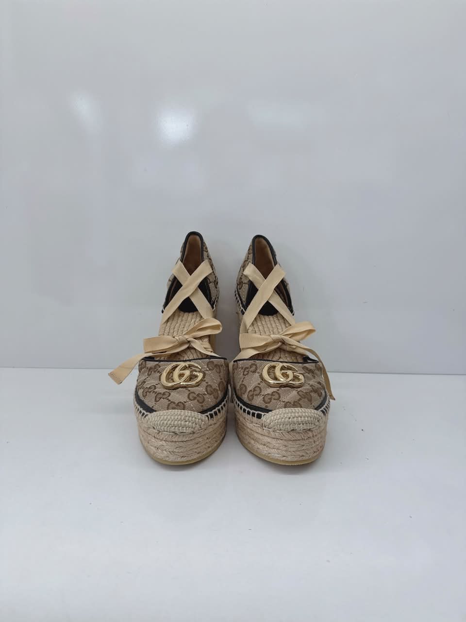 BROWN BEIGE GG CANVAS PILAR ANKLE TIE ESPADRILLE WEDGE PUMPS 40
