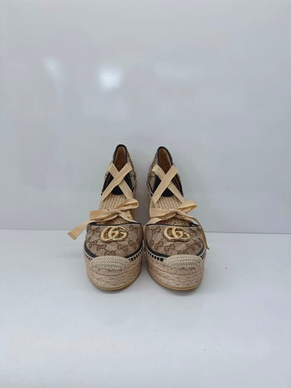 BROWN BEIGE GG CANVAS PILAR ANKLE TIE ESPADRILLE WEDGE PUMPS 40