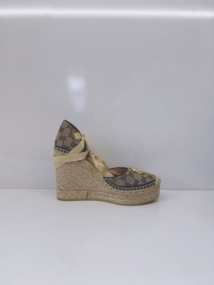 BROWN BEIGE GG CANVAS PILAR ANKLE TIE ESPADRILLE WEDGE PUMPS 40