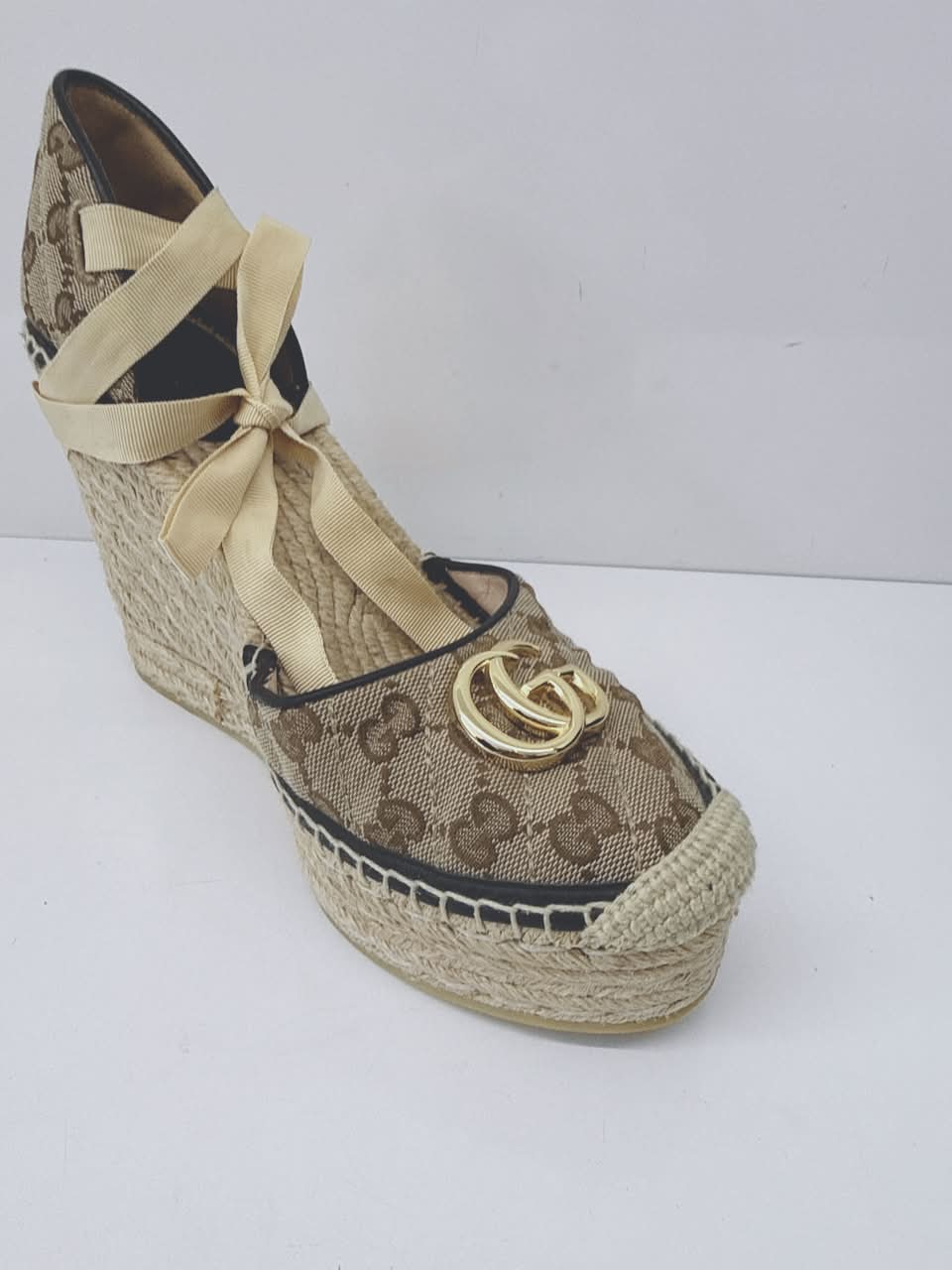 BROWN BEIGE GG CANVAS PILAR ANKLE TIE ESPADRILLE WEDGE PUMPS 40