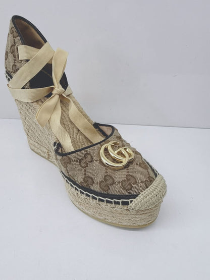 BROWN BEIGE GG CANVAS PILAR ANKLE TIE ESPADRILLE WEDGE PUMPS 40