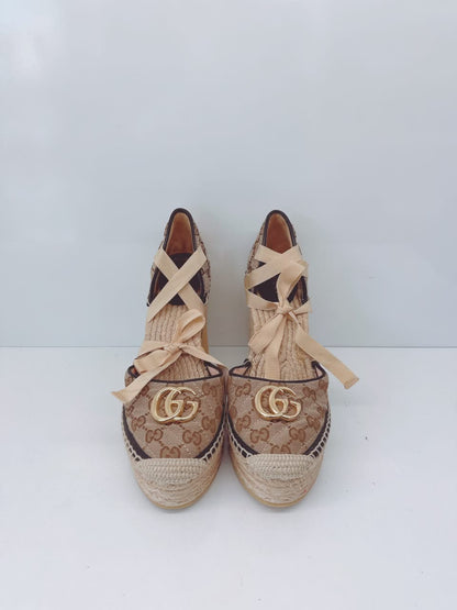 BROWN BEIGE GG CANVAS PILAR ANKLE TIE ESPADRILLE WEDGE PUMPS 40