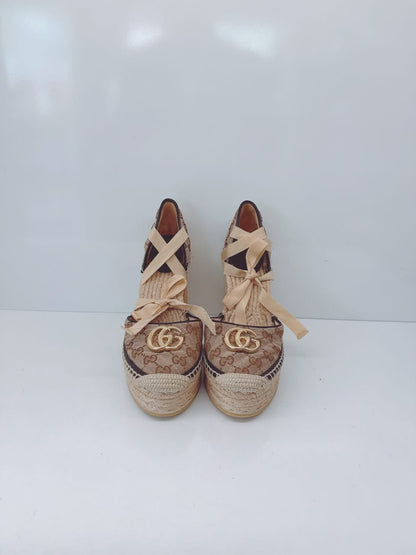BROWN BEIGE GG CANVAS PILAR ANKLE TIE ESPADRILLE WEDGE PUMPS 40