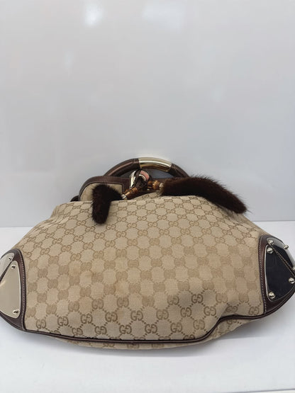 BEIGE GG CANVAS LARGE FUR TASSEL INDY HOBO BAG