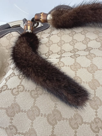 BEIGE GG CANVAS LARGE FUR TASSEL INDY HOBO BAG